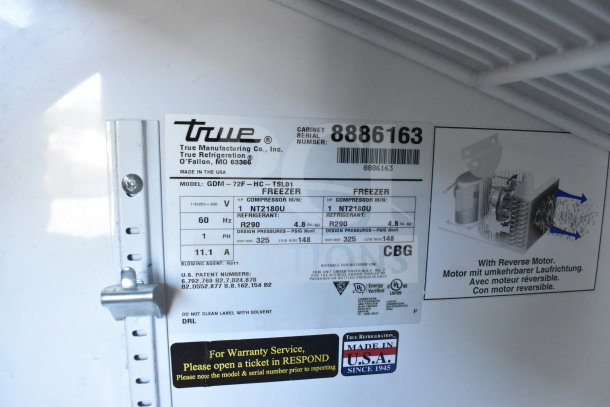 2016 True GDM-72F-HC Commercial Freezer label showing model, serial number, 115/208-230 volts, refrigerant R290.