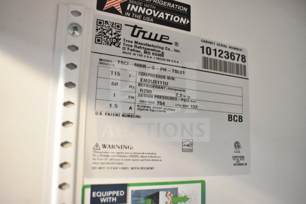 2021 True TSCI-600R-G-PH commercial cooler label, 115V, 1PH, refrigerant R290, serial 10123678, Energy Star certified.