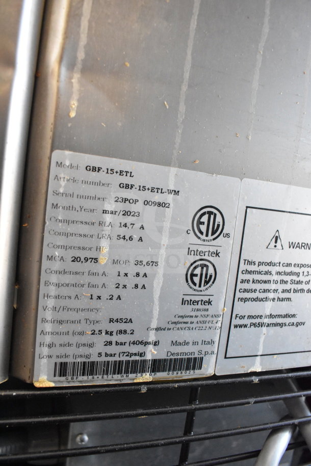 2023 Desmon GBF-15+ETL Blast Chiller, stainless steel, 220V, 3-phase, 4 probes, made in Italy, label shows specs and serial number.