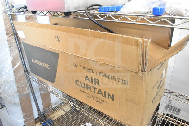 Boltic 36" Black Powder Coat Air Curtain with plunger door switch, brand new with minor box scratches, model 6871509BPC.
