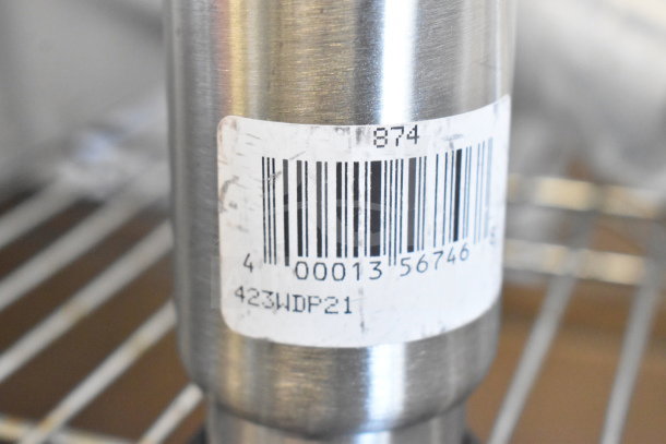 Stainless steel cylinder with barcode label showing item code 423WDP21, related to auction items, new condition.