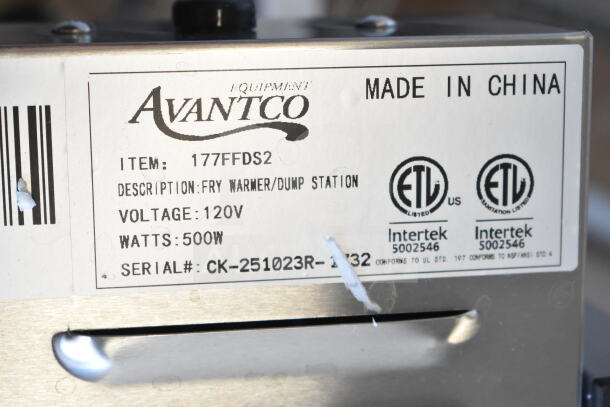 Brand new Avantco 177FFDS2 French fry warmer, 120V, 500W, ETL certified, model label visible, slight scratch and dent.