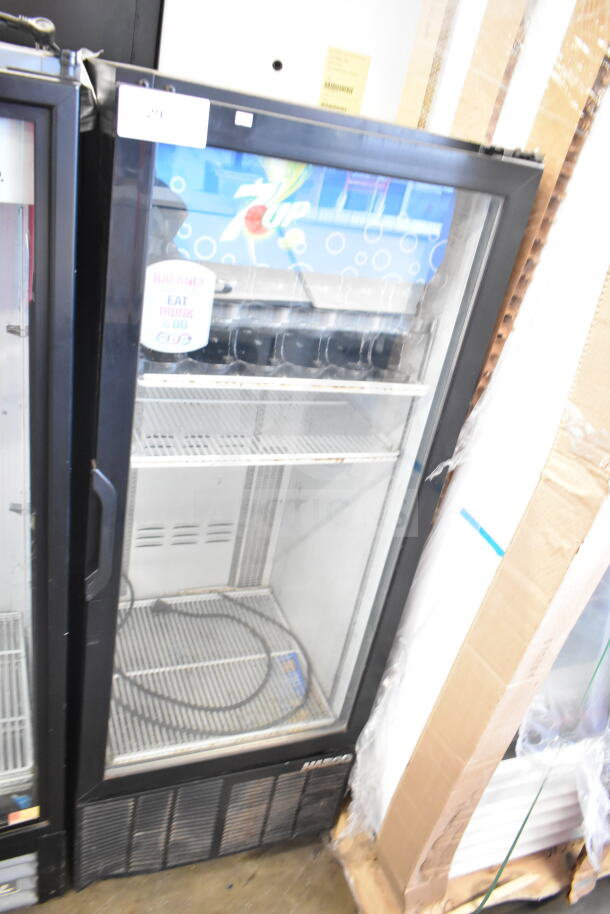 2022 Habco ESM12 commercial single door reach-in cooler merchandiser, 115V, with glass door and interior shelving, slightly worn.