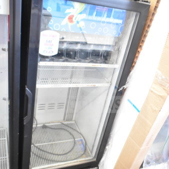 2022 Habco ESM12 commercial single door reach-in cooler merchandiser, 115V, with glass door and interior shelving, slightly worn.