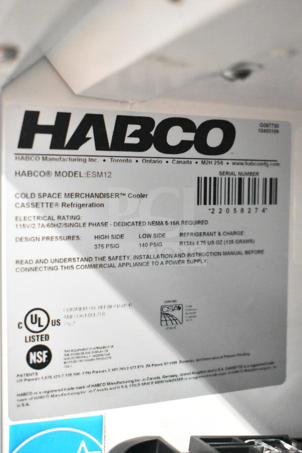 2022 Habco ESM12 Single Door Cooler Merchandiser label, 115V, 1 Phase, showing electrical rating and safety certifications.