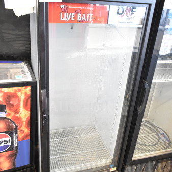 2018 True GDM-12-HC commercial cooler, single door, 115 volts, 1 phase, "Live Bait" sign, clean, gently used condition.