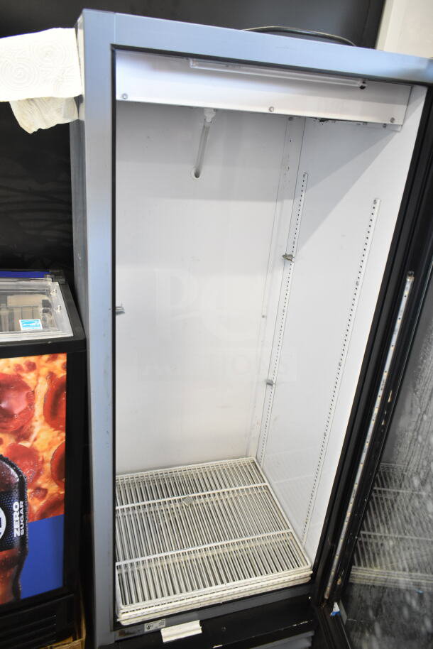 2018 True GDM-12-HC single door reach-in cooler merchandiser, 115V, used, clean interior with shelving, commercial-grade.