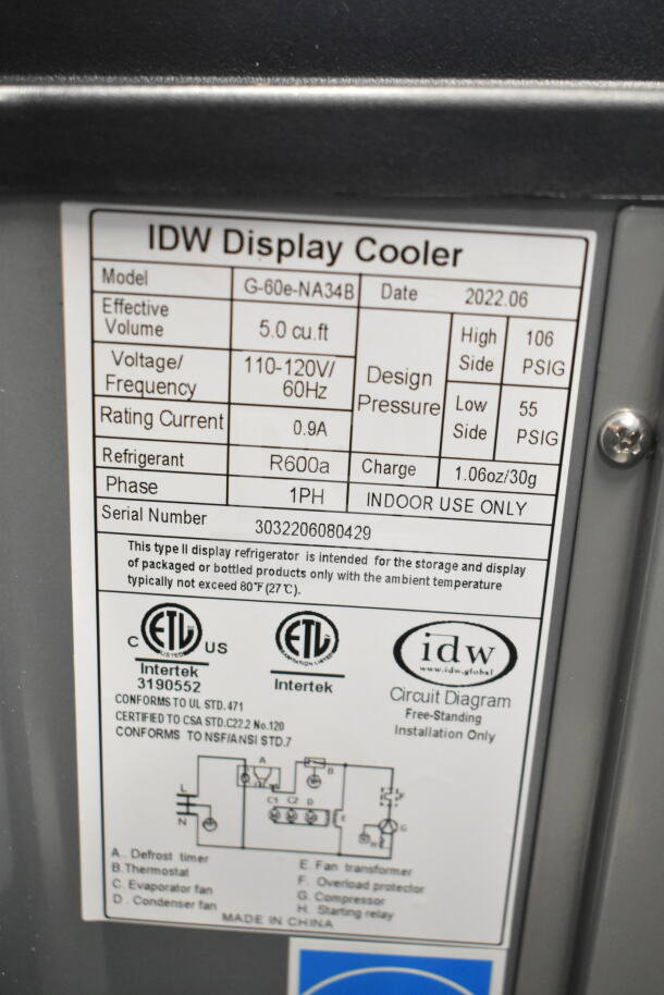 2022 IDW G-60e-NA34B Cooler Merchandiser, 5 cu. ft., 110-120V, 1 Phase, R600a refrigerant, model label shown.