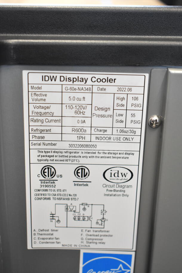 2022 IDW G-60e-NA34B Cooler, 5.0 cu. ft., 110-120V, 1 phase. ETL certified, indoor use, refrigerant R600a.