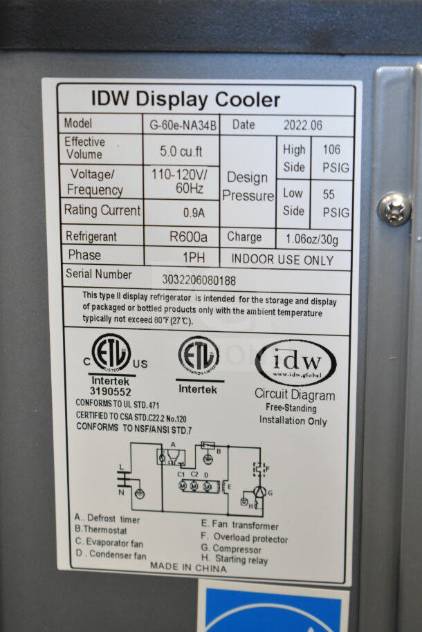 2022 IDW G-60e-NA34B Commercial Impulse Cooler, 110-120 Volts, 1 Phase, with R600a refrigerant. Indoor use only.