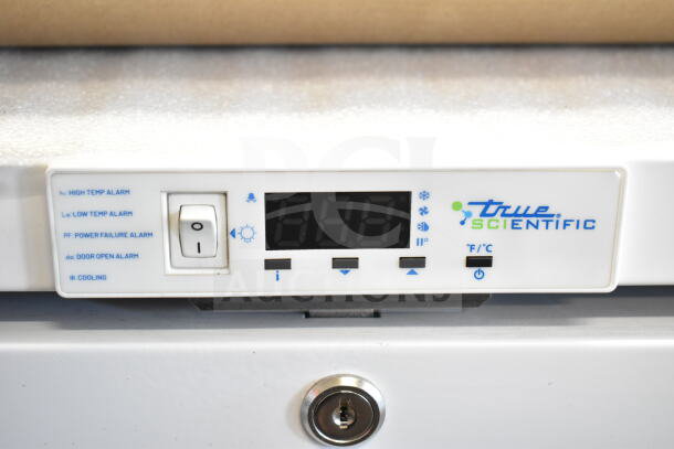 2025 True TSCI-150PR-SWG-R-WW-1A mini cooler with control panel, power switch, and True Scientific branding.