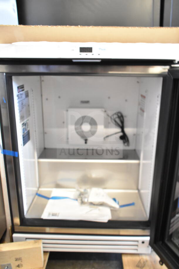 2025 True TSCI-150PR-SWG-R-WW-1A commercial mini cooler with glass door, interior shelving, and digital display. 115 Volts.