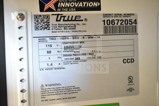 "True TSCI-150PR-SWG-R-WW-1A cooler label showing model, 115V, 60Hz, R290 refrigerant, and serial number 10672054."