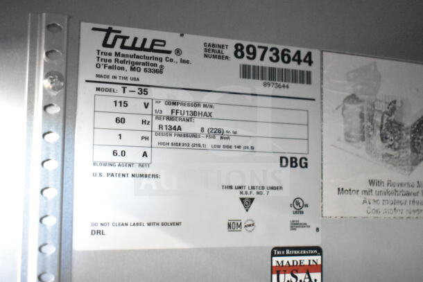 Label for 2016 True T-35 Commercial 2 Door Reach In Cooler. Displays model, voltage, refrigerant, and certification info.