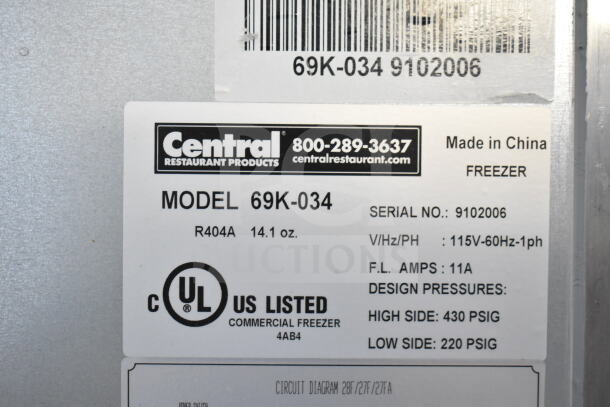Central 69K-034 Commercial Freezer label showing model, serial number 9102006, 115 volts, and UL certification.