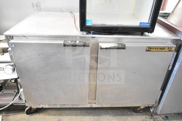 Beverage Air UCT48A commercial undercounter cooler, 2-door, stainless steel, 115 volts, 1 phase, visible wear, Beverage Air logo.