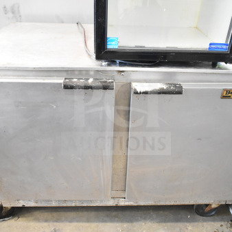 Beverage Air UCT48A commercial undercounter cooler, 2-door, stainless steel, 115 volts, 1 phase, visible wear, Beverage Air logo.