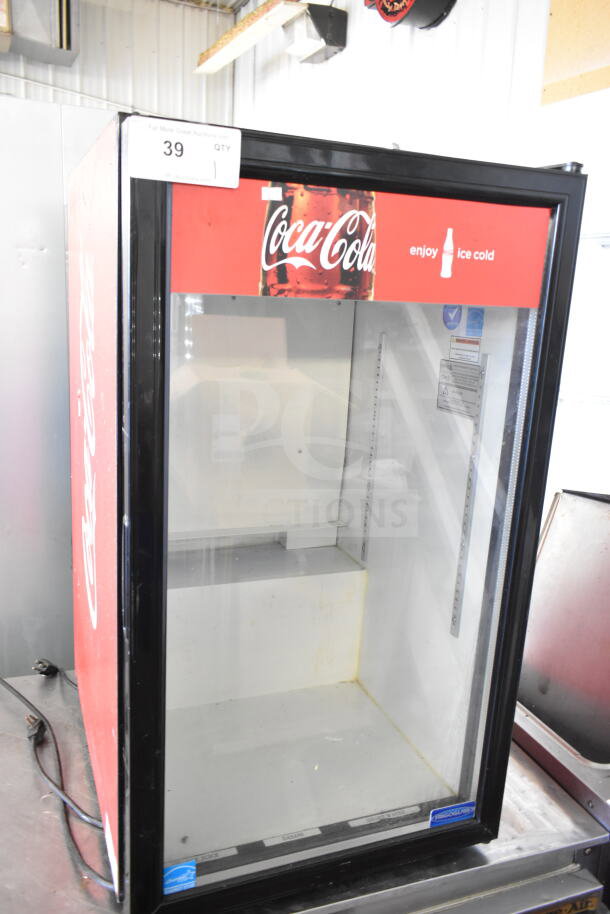 Frigoglass UR30-CC commercial mini cooler merchandiser, 115V, 1 phase, Coca-Cola branding, used condition.
