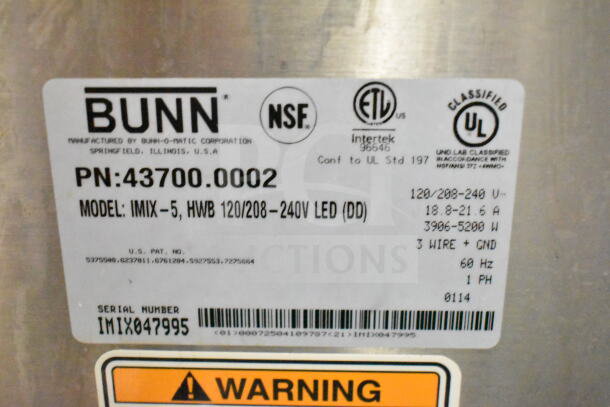 Bunn IMIX-5 Commercial Cappuccino Machine label showing model, voltage, and certification details.