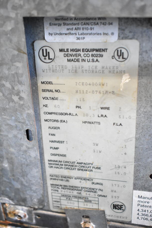 Ice-O-Matic ICE0400HWI ice machine head on B40PSA bin, visible label with model, serial number H11Z-07618-Z, 115V, 1 phase.