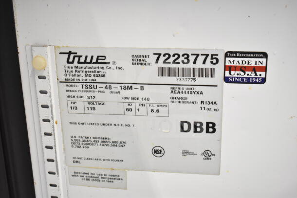 True TSSU-48-18M-B prep table label, missing lid. Model details and specs: 115 volts, 1 phase, R134A refrigerant. Made in USA.