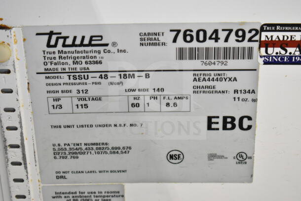 True TSSU-48-18M-B commercial prep table, missing lid. 115 volts, 1 phase, model label visible.