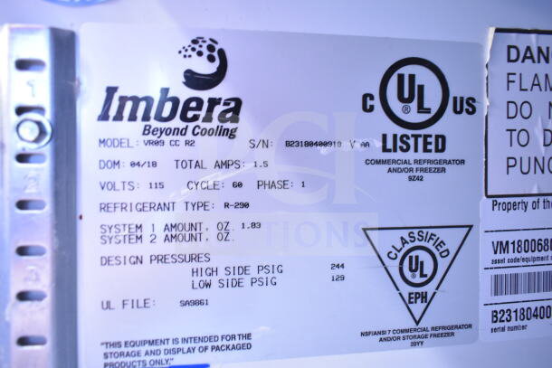 Imbera VR09 Commercial Reach In Cooler label showing model, 115V, 1 phase, UL listed, R-290 refrigerant details.