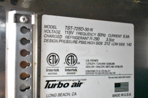 Turbo Air TST-72SD-30-N prep table label, 115V, R-290 refrigerant, ETL certified, made in USA.
