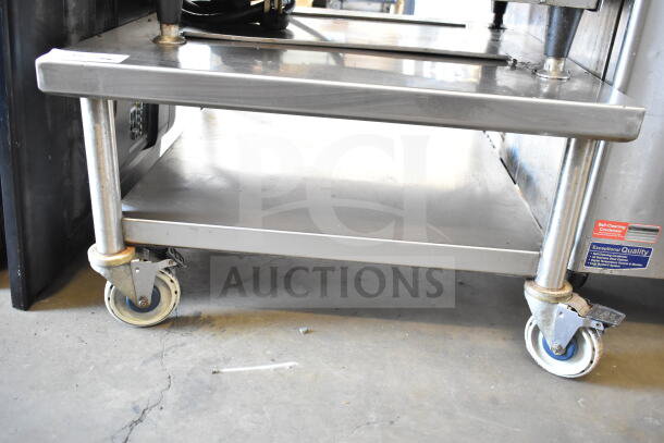 Commercial equipment stand with under shelf, on commercial casters. Stainless steel, excellent condition.