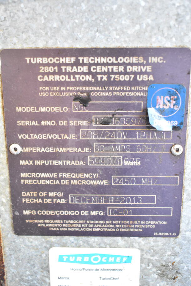 Turbochef NGC commercial oven tag showing model, voltage, amperage, and manufacturing date. Suitable for rapid cooking.