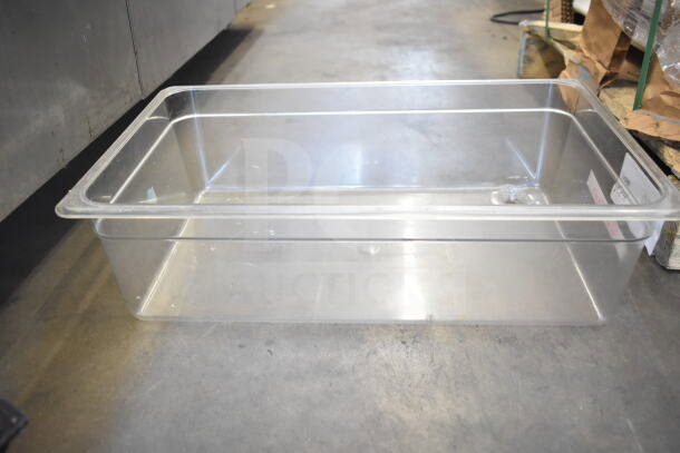 Clear poly drop-in bin, rectangular, good condition, suitable for storage or organizing various kitchen items.