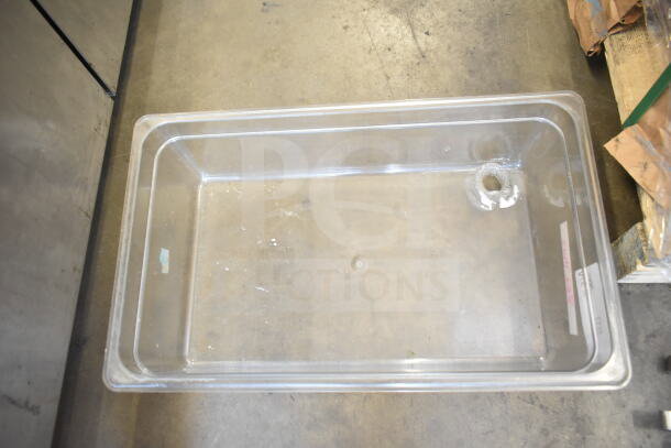 Transparent poly drop-in bin, rectangular, used condition, slight wear; one of 57 items including ladles and bowls.