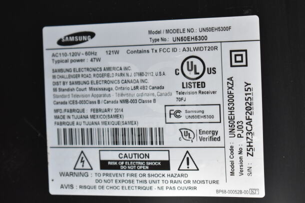 Samsung UN50EH5300F label showing model, serial number, and specifications. UL listed, manufactured February 2014, Mexico.