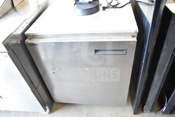 Delfield 406CA-DHL-DD1 single door undercounter cooler, 115 volts, stainless steel, commercial use, visible wear.