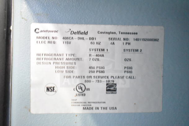 Delfield 406CA-DHL-DD1 cooler label, 115V, 60 Hz, 1 phase. Refrigerant: R-404A, 7 oz. Design pressure: 450/250 PSIG.