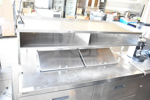 Delfield Commercial Sandwich Salad Prep Table, Bain Marie Mega Top, 4 Drawers, Over Shelf, 115V, stainless steel, used.