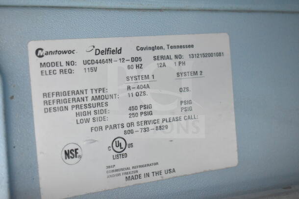 Delfield Commercial Sandwich Prep Table, Model UCD4464N, 115V, 1 Phase. Features 4 drawers, over shelf. R-404A refrigerant. Made in USA.