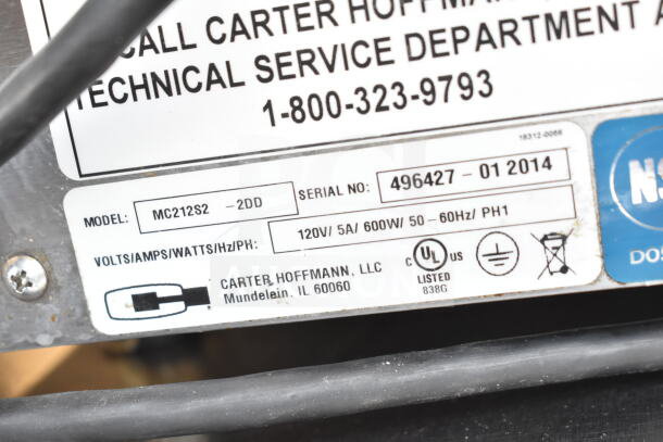 Carter Hoffmann MC212S2-2DD warming display label, 120V, 600W, serial 496427-01 2014, UL listed, technical service info.