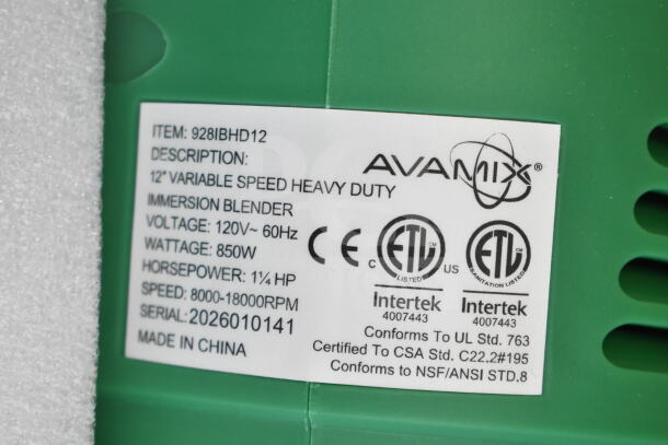 BRAND NEW AvaMix 12" heavy-duty immersion blender, variable speed, 1 1/4 hp, 120V. Scratch and dent. Model: 928IBHD12.