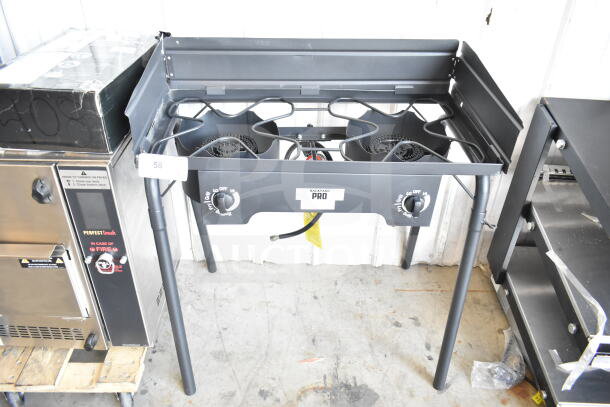 BRAND NEW Backyard Pro BPSQ-212 Double Burner Outdoor Stove, scratch and dent, 110,000 BTU, with side shelves.