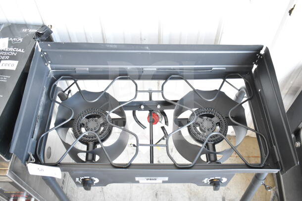 Brand new Backyard Pro BPSQ-212 double burner patio stove, 110,000 BTU, minor scratches. Features side shelves, durable build.