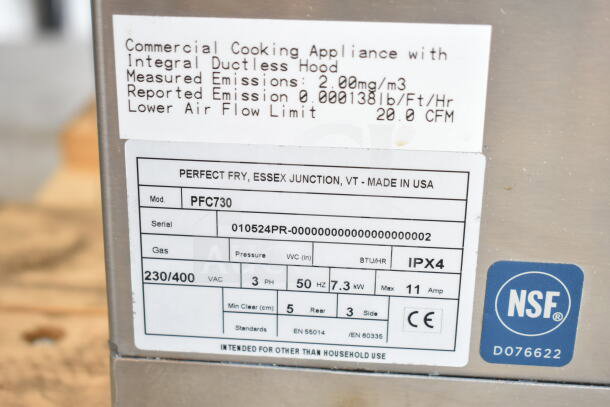 BRAND NEW Perfect Fry PFC730 ventless countertop fryer. 2024 model, 230/400V, 3 phase. Includes NSF label and technical specs.