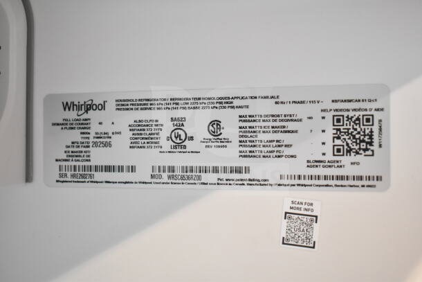 Alt text: Whirlpool WRSC6536RZ00 cooler and freezer label, 115V, 1 phase, model info and safety certifications visible.