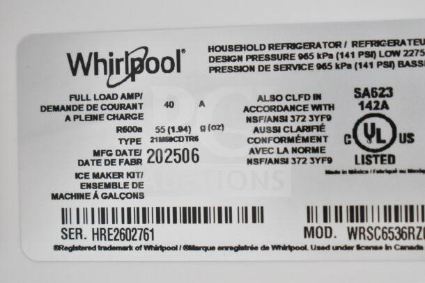 Label on Whirlpool WRSC6536RZ00 cooler and freezer, showing specs: 115 volts, 1 phase, manufactured 2025. Scratch and dent condition.