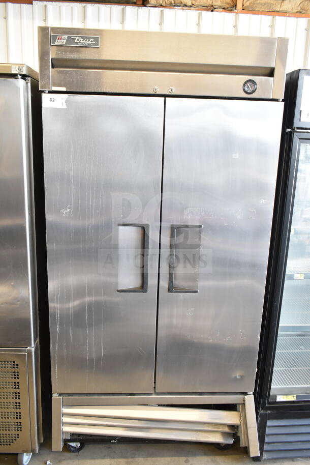 2017 True T-35 Commercial 2 Door Reach In Cooler, stainless steel, 115 volts, 1 phase, with True logo.