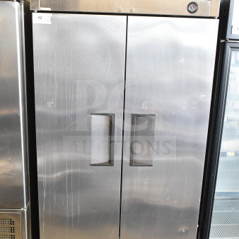 2017 True T-35 Commercial 2 Door Reach In Cooler, stainless steel, 115 volts, 1 phase, with True logo.