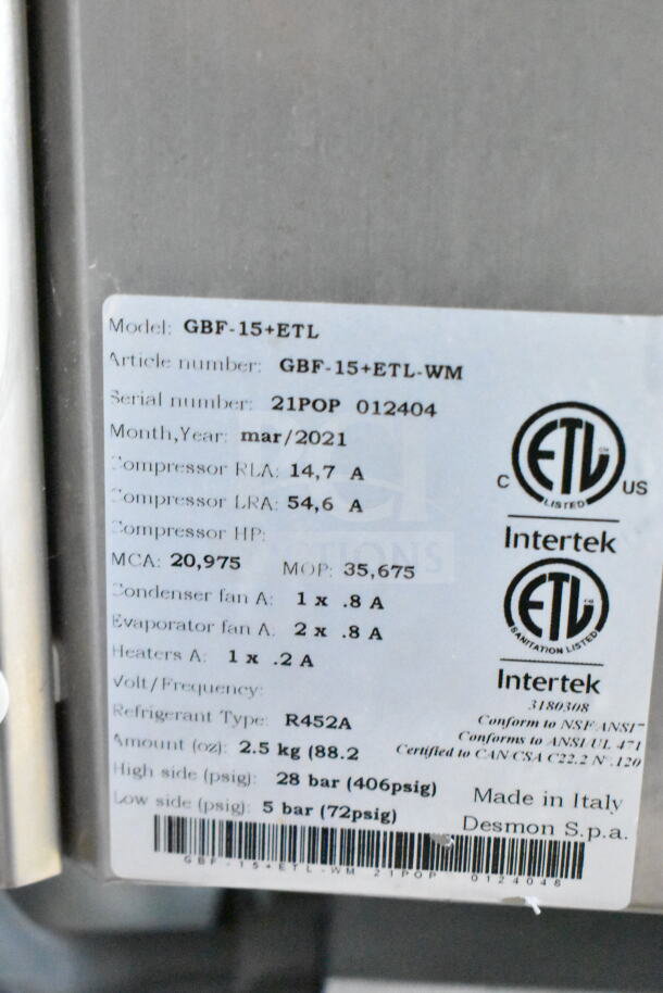 2021 Desmon GBF-15+ETL stainless steel commercial blast chiller shock freezer, ETL listed, with 4 probes, 220V, 3 phase.
