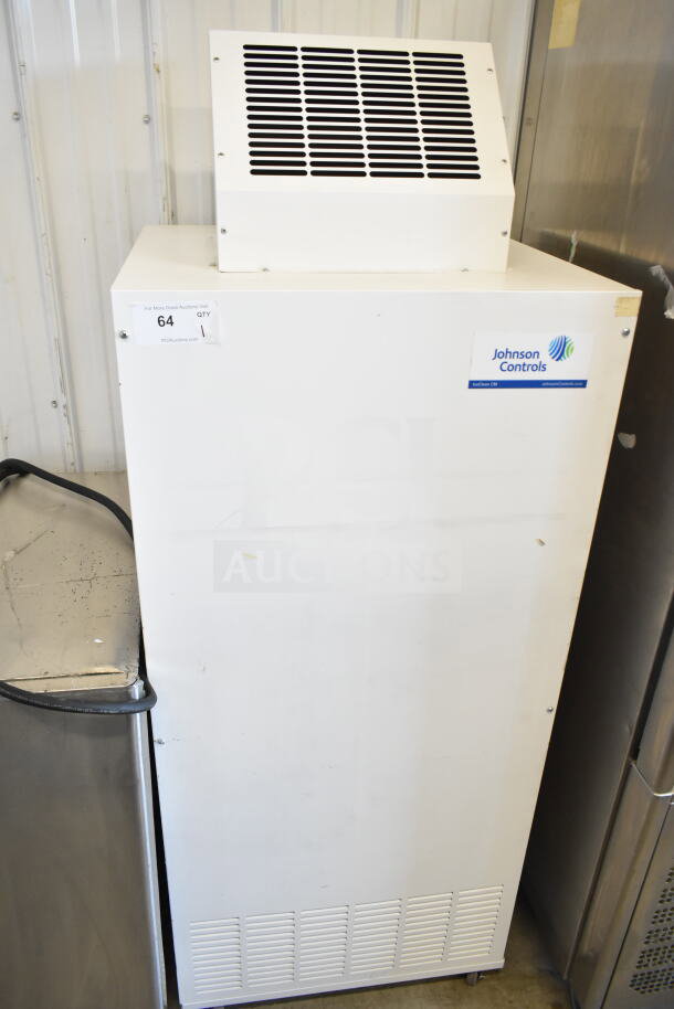 Johnson Controls Isoclean CM commercial air filter, 120V, 1-phase, white, visible brand label, in used condition.