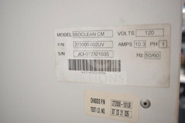 Johnson Controls Isoclean CM Commercial Air Filter, 120V, 1 Phase, Model and Serial Labels Visible.