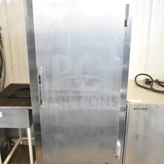 Leader FR30 S/C single door reach-in cooler, stainless steel, 115 volts, commercial use, visible brand label.